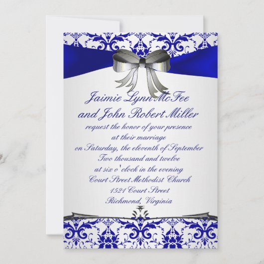  Blue Silver Damask Wedding Uitnodiging (Voorkant)