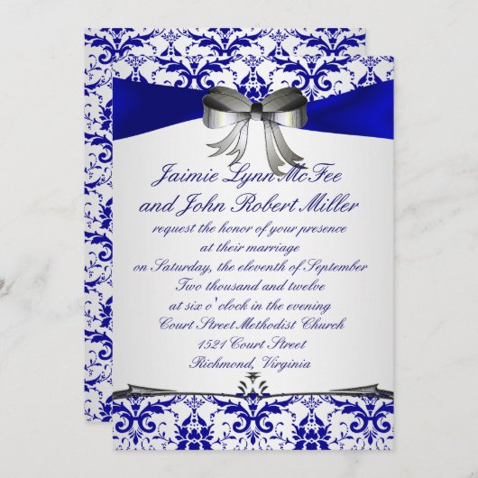  Blue Silver Damask Wedding Uitnodiging (Voorkant / Achterkant)