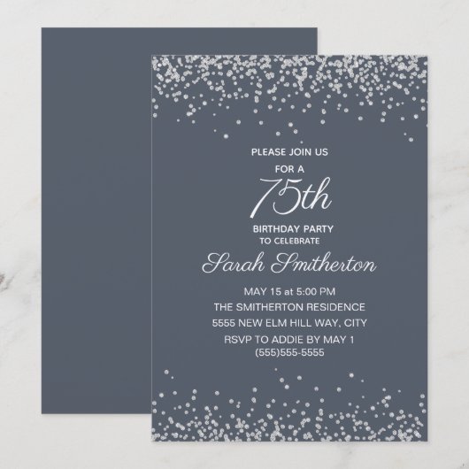 Blue Silver Diamond Glitter 75th Birthday Kaart (Voorkant / Achterkant)