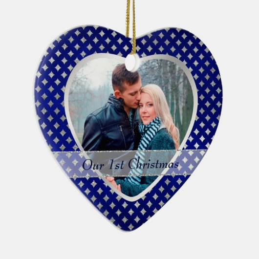 Blue Silver Diamond Pattern Pas getrouwd Keramisch Ornament (Rechts)