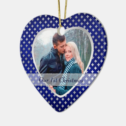 Blue Silver Diamond Pattern Pas getrouwd Keramisch Ornament (Links)