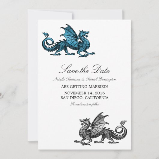 Blue Silver Dragon Save the Date Invite Kaart (Voorkant)
