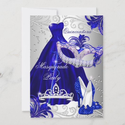Blue Silver Dress masquerade Quinceanera Invite Kaart (Voorkant)