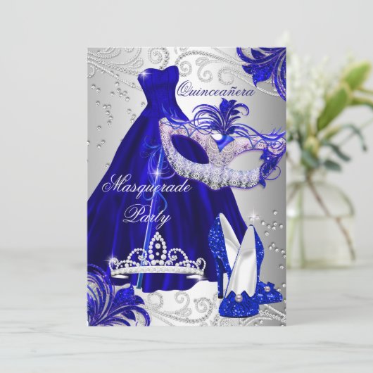 Blue Silver Dress masquerade Quinceanera Invite Kaart (Staand voorkant)