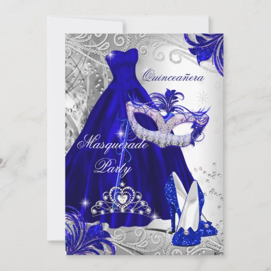 Blue Silver Dress masquerade Quinceanera Tiara Kaart (Voorkant)