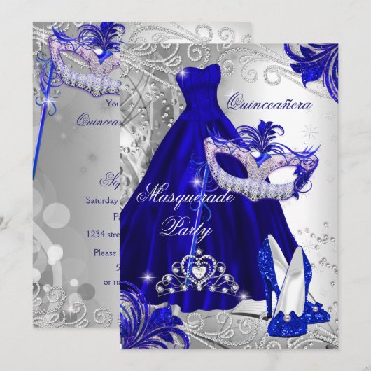 Blue Silver Dress masquerade Quinceanera Tiara Kaart (Voorkant / Achterkant)