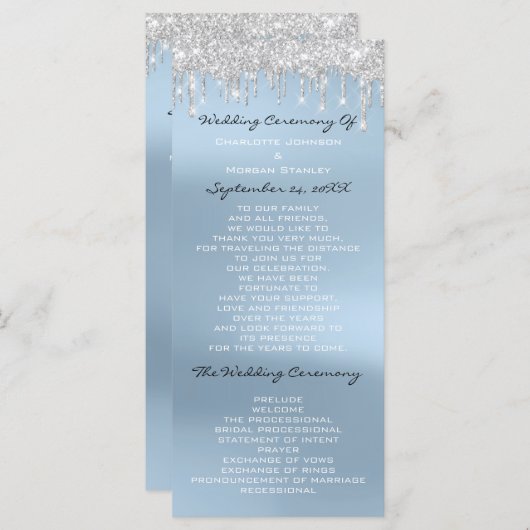 Blue Silver Drips Event Wedding Program Formal Programmakaart (Voorkant / Achterkant)