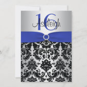 Blue, Silver en Black Damask Sweet 16 Invitation Kaart (Voorkant)