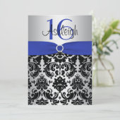 Blue, Silver en Black Damask Sweet 16 Invitation Kaart (Staand voorkant)