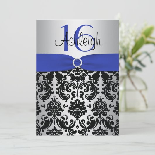 Blue, Silver en Black Damask Sweet 16 Invitation Kaart (Staand voorkant)