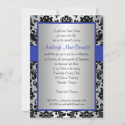 Blue, Silver en Black Damask Sweet 16 Invitation Kaart (Achterkant)