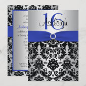 Blue, Silver en Black Damask Sweet 16 Invitation Kaart (Voorkant / Achterkant)