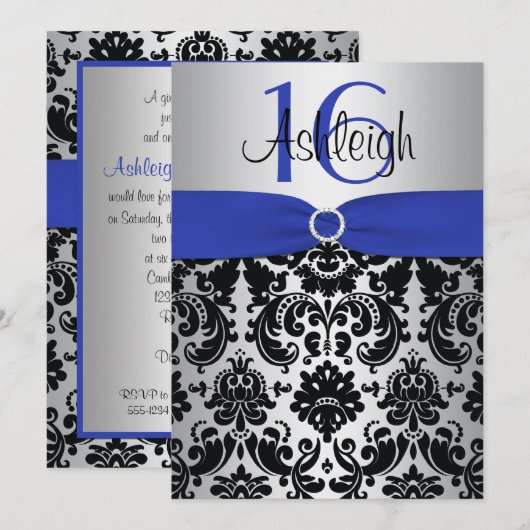 Blue, Silver en Black Damask Sweet 16 Invitation Kaart (Voorkant / Achterkant)