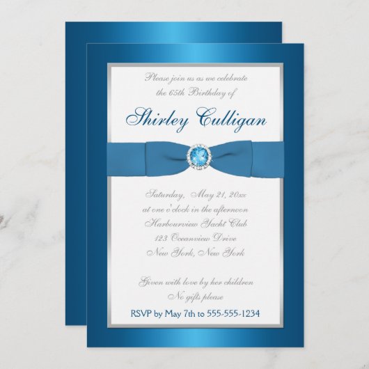 Blue, Silver en White 65th Birthday Invitation Kaart (Voorkant / Achterkant)