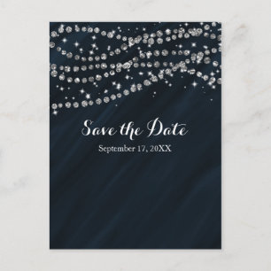 Blue & Silver Faux Diamond Bling Save the Date Aankondigingskaart