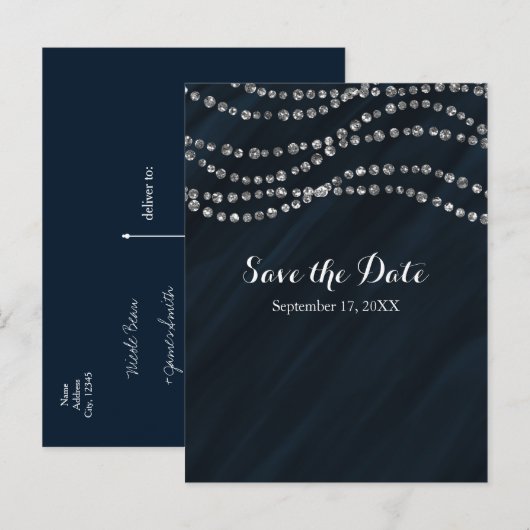 Blue & Silver Faux Diamond Bling Save the Date Aankondigingskaart (Voorkant / Achterkant)