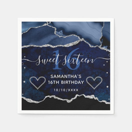 Blue & Silver Faux Glitter Agate Marble Sweet 16 Servet (Voorkant)