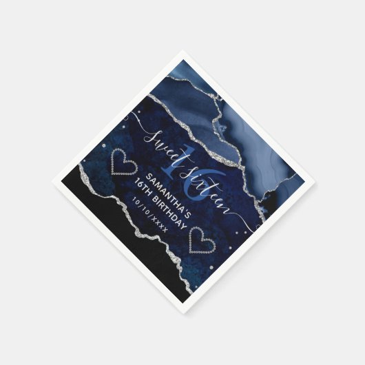 Blue & Silver Faux Glitter Agate Marble Sweet 16 Servet (Hoek)