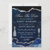Blue & Silver Faux Glitter Marble Agate Wedding Save The Date (Voorkant)