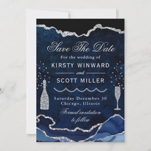 Blue & Silver Faux Glitter Marble Agate Wedding Save The Date (Voorkant)