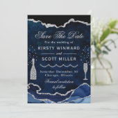 Blue & Silver Faux Glitter Marble Agate Wedding Save The Date (Staand voorkant)