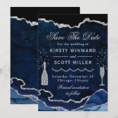 Blue & Silver Faux Glitter Marble Agate Wedding Save The Date (Voorkant / Achterkant)