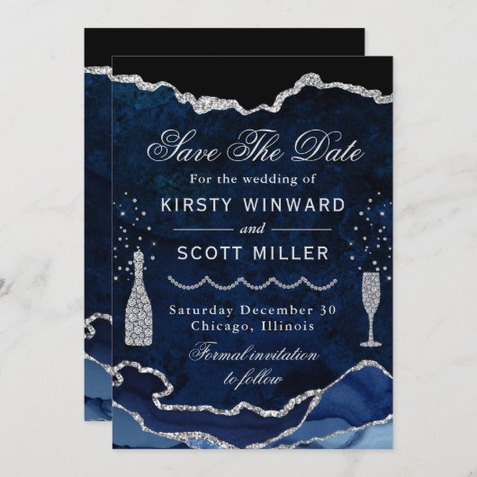 Blue & Silver Faux Glitter Marble Agate Wedding Save The Date (Voorkant / Achterkant)