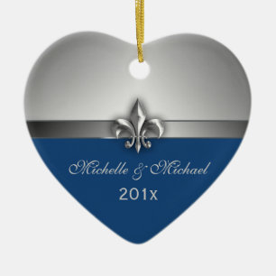 Blue Silver Fleur de Lis Couple eerste kerstmis Keramisch Ornament