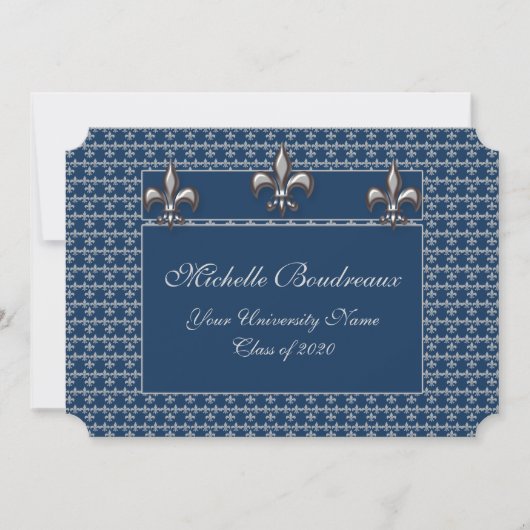 Blue Silver Fleur de Lis Trio Afstuderen Kaart (Voorkant)