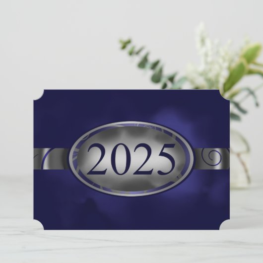 Blue & Silver Floral Button 2025 Afstudeerfeest Kaart (Staand voorkant)