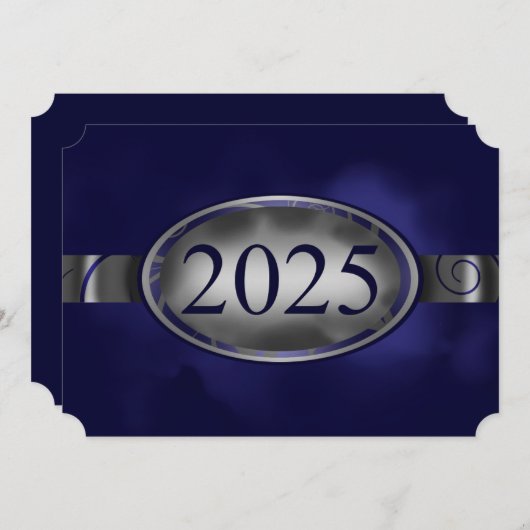 Blue & Silver Floral Button 2025 Afstudeerfeest Kaart (Voorkant / Achterkant)