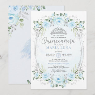 Blue Silver Floral Crown Princess Quinceañera Kaart
