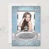 Blue Silver Floral  Glamor Quinceanera Kaart (Voorkant)