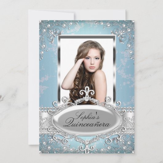 Blue Silver Floral Glamor Quinceanera Kaart (Voorkant)