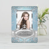 Blue Silver Floral Glamor Quinceanera Kaart (Staand voorkant)
