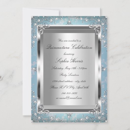 Blue Silver Floral  Glamor Quinceanera Kaart (Achterkant)