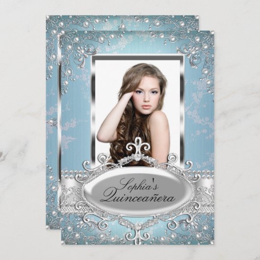 Blue Silver Floral  Glamor Quinceanera Kaart (Voorkant / Achterkant)