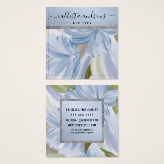Blue Silver Floral Glitter Earring Display Kaart (Voorkant /achterkant)