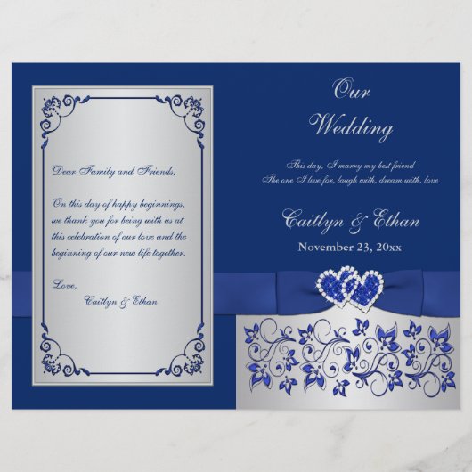 Blue, Silver Floral Hearts Wedding Programme (Voorkant)