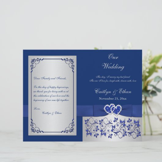 Blue, Silver Floral Hearts Wedding Programme (Staand voorkant)