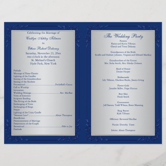 Blue, Silver Floral Hearts Wedding Programme (Achterkant)
