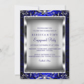 Blue Silver Floral Swirl Engagement Party Kaart (Achterkant)