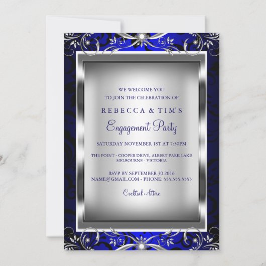 Blue Silver Floral Swirl Engagement Party Kaart (Achterkant)