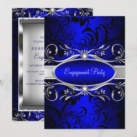 Blue Silver Floral Swirl Engagement Party Kaart (Voorkant / Achterkant)