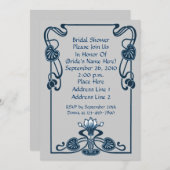 Blue Silver Floral Swirls Vrijgezellenfeest Invite Kaart (Voorkant / Achterkant)