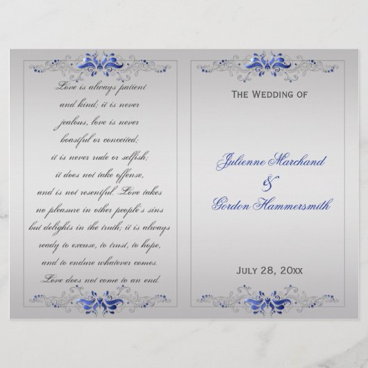 Blue Silver Floral Swirls Wedding Programme (Voorkant)