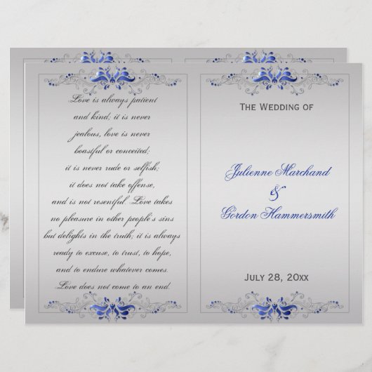 Blue Silver Floral Swirls Wedding Programme (Voorkant / Achterkant)