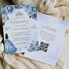 Blue Silver Floral Waterverf QR Code Quinceañera Kaart