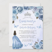 Blue Silver Floral Waterverf QR Code Quinceañera Kaart (Voorkant)