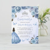 Blue Silver Floral Waterverf Quinceañera Kaart (Staand voorkant)